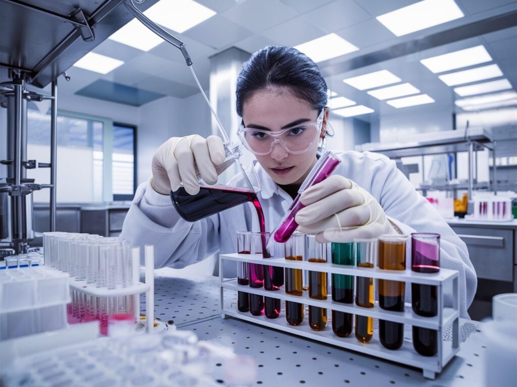A hospital lab technician with multicolored vials