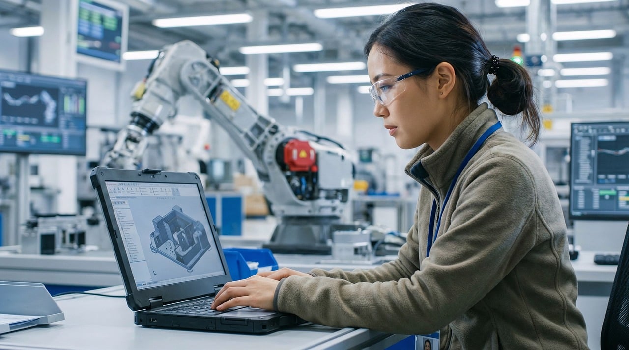 A robotics technician programs a robot in the lab