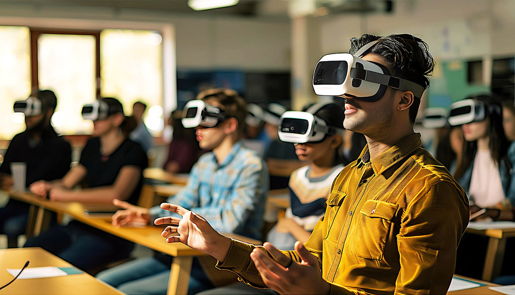 Students in class using AI goggles